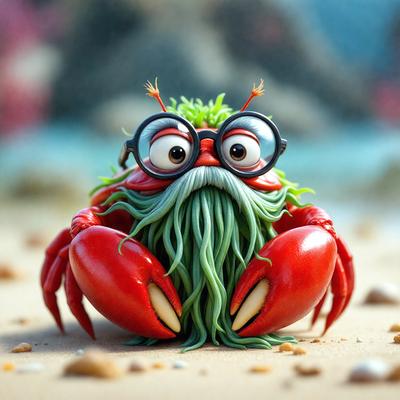 The primary subject of the image is a cartoon crab with a long green beard and glasses. The crab is sitting on a sandy surface, which serves as the setting for the scene. The visual style of the image is digital art, as it is a well-crafted and detailed illustration. The dominant colors in the image are red and green, giving the crab a vibrant and lively appearance. The overall atmosphere of the image is light-hearted and playful, as it features a whimsical and imaginative creature.